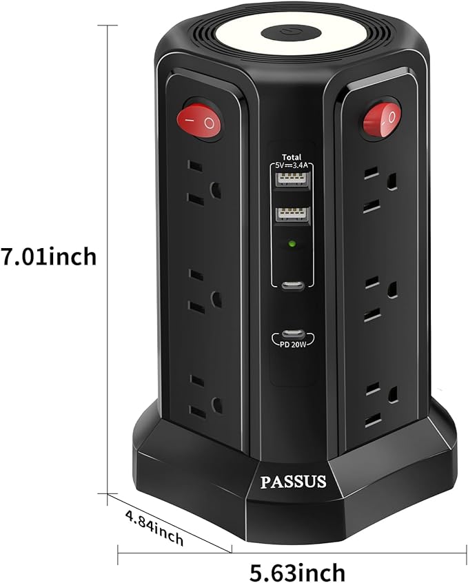 Long Surge Protector Power Strip 16 FT Cord, PD20W USB C Power Strip Tower with Night Light, Extension Cord with Multiple Outlets with 4 USB Ports, PASSUS Charging Station Home Office Essentials Black