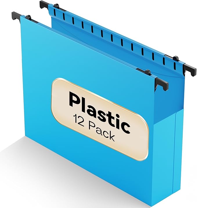 Plastic Hanging File Folders Expandable,12 Pack Extra Capacity Hanging File Folder Letter Size,2 Inch Expansion Heavy Duty Folders,Adjustable Tabs,Hanging Folder Designed for Bulky Files(Blue)