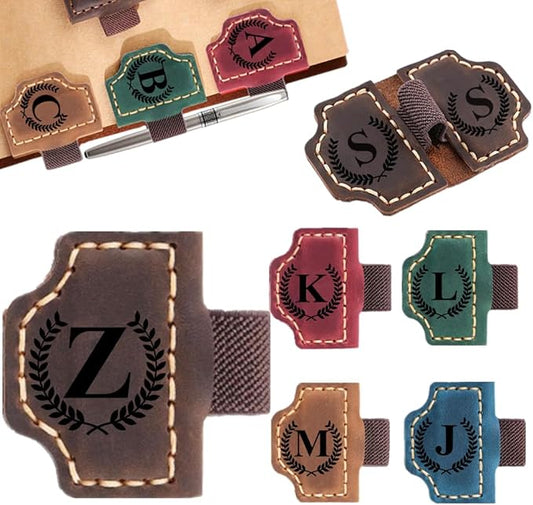 Custom Bookmark with Pen Holder with 26 Letters Personalized Magnetic Leather Book Mark, Customized Name Book Marker Clip with Initial for Men Women, Gifts for Book Lovers, Readers, (Coffee, Z)