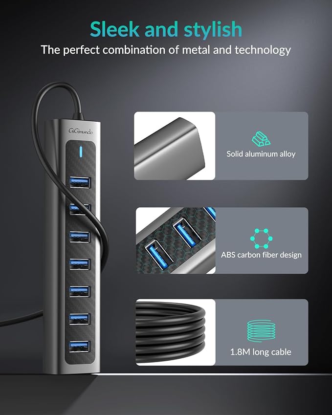 GM7U 7-Port USB 3.0 Hub, 6FT Long Cable, Aluminum, High-Speed, Multi Port Extender Hub, External Expansion Data Hub for PC Laptop, Desktop Computer, Older Mac, Black Grey