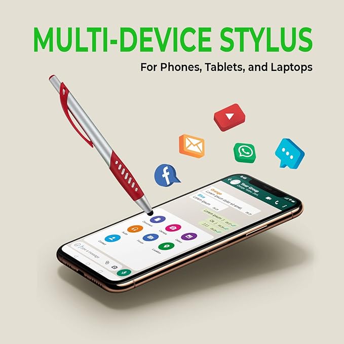 Personalized Pens With Custom Logo or Text-300 Pack Bulk-for Businesses, Parties, and Events, 2 in 1 Ballpoint Pen & Capacitive Stylus for Touchscreen Devices, Click Action, Black Ink, Red