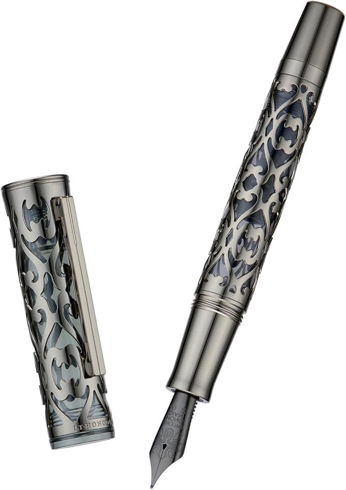 Hongdian D1 Piston Fountain Pen Extra Fine Soft Nib, Jet Black Hollow Skeleton & Resin Pen with Metal Case Set