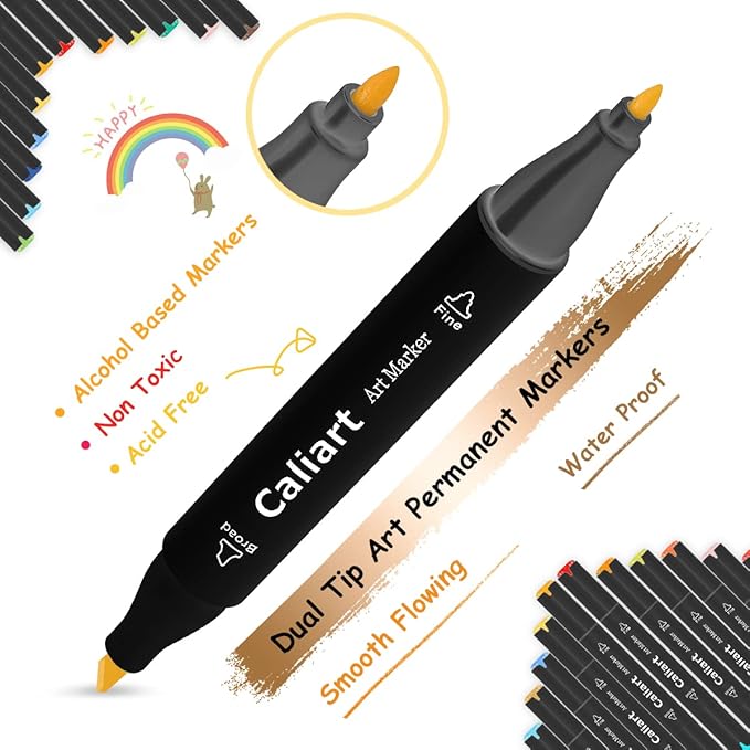 Caliart Markers, 100 Colors Dual Tip Art Markers Sketch Pens Permanent Alcohol Based, with Case for Adult Kids Halloween Drawing Sketching (Black Barrel)