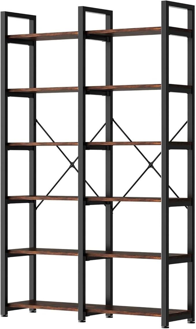 oneinmil Bookshelf 6 Tier, 71.5'' Industrial Wood Bookshelves, Book Shelf with 12 Open Display Shelves & Metal Frame, Tall Bookcase for Home and Office, Rustic Brown
