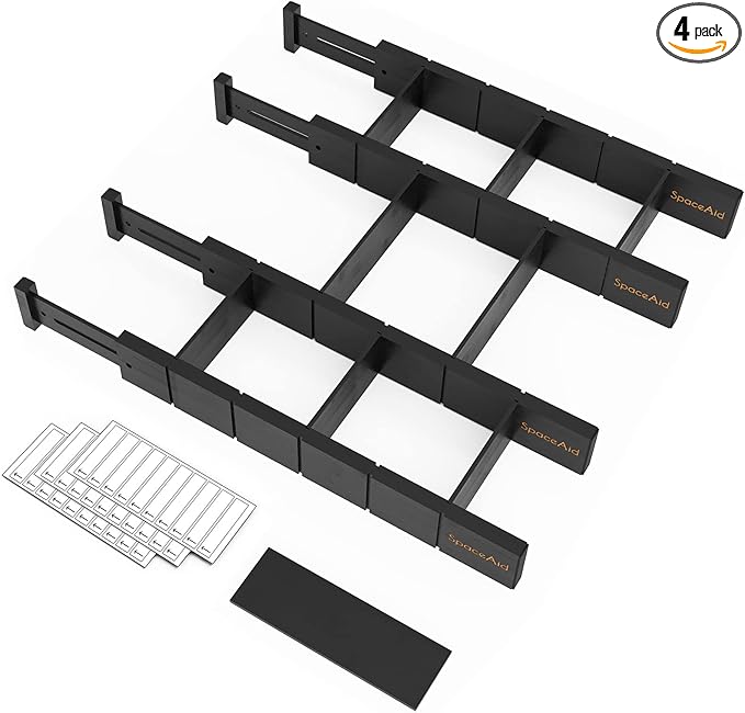 SpaceAid Bamboo Drawer Dividers with Inserts and Labels, Kitchen Adjustable Drawer Organizers, Expandable Organization for Home, Office, Dressers, 4 Dividers with 9 Inserts (17"-22" Black)