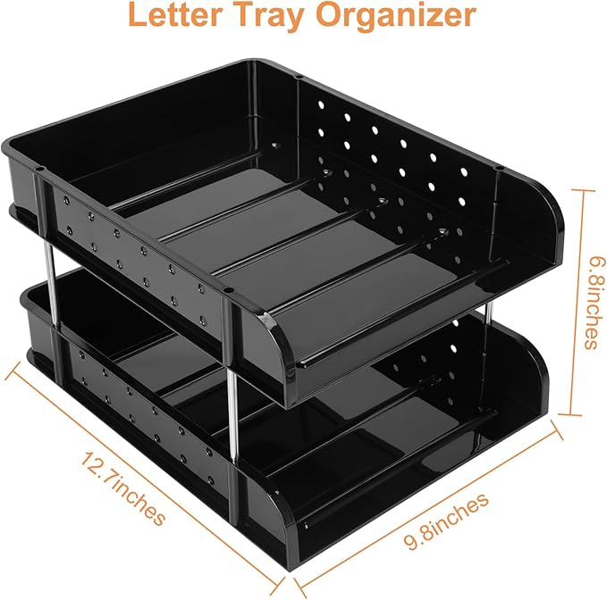 Stackable Letter Tray Papers Organizers, A4 Size Desk Organizer Tray for Letter Paper Stationery Desk Accessories, Plastic Black Paper Holder File Organizer for Office, School, Home (Dark Black)