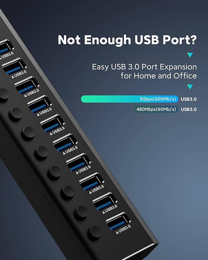 Powered USB Hub, Rosonway Aluminum 10 Port USB 3.0 Data Hub with 36W (12V/3A) Power Adapter and Individual On/Off Switches USB Splitter(RSH-A10)