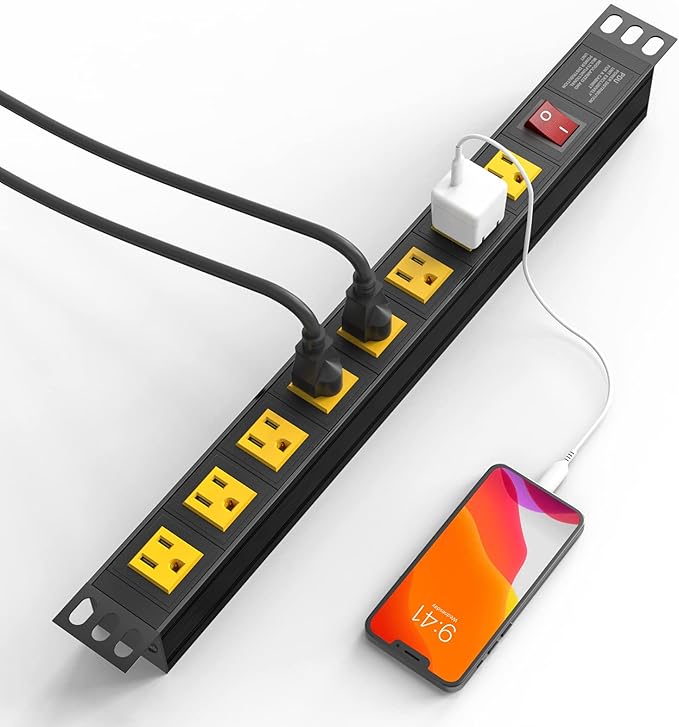 BTU Power Strip Surge Protector Rack-Mount PDU, 8 Right Angle Outlets Wide-Spaced, Mountable Power Strip Heavy Duty for Server Racks, Commercial, 300J (Yellow 6FT)