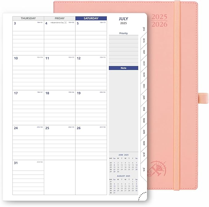 POPRUN Monthly Planner 2025-2026, 8.5'' x 11.25'', 13-Monthly Calendar (July 2025-July 2026) 15-Minute Hourly Appointment Book with Stair Tabs, Soft Cover, 100GSM Paper - Soft Pink