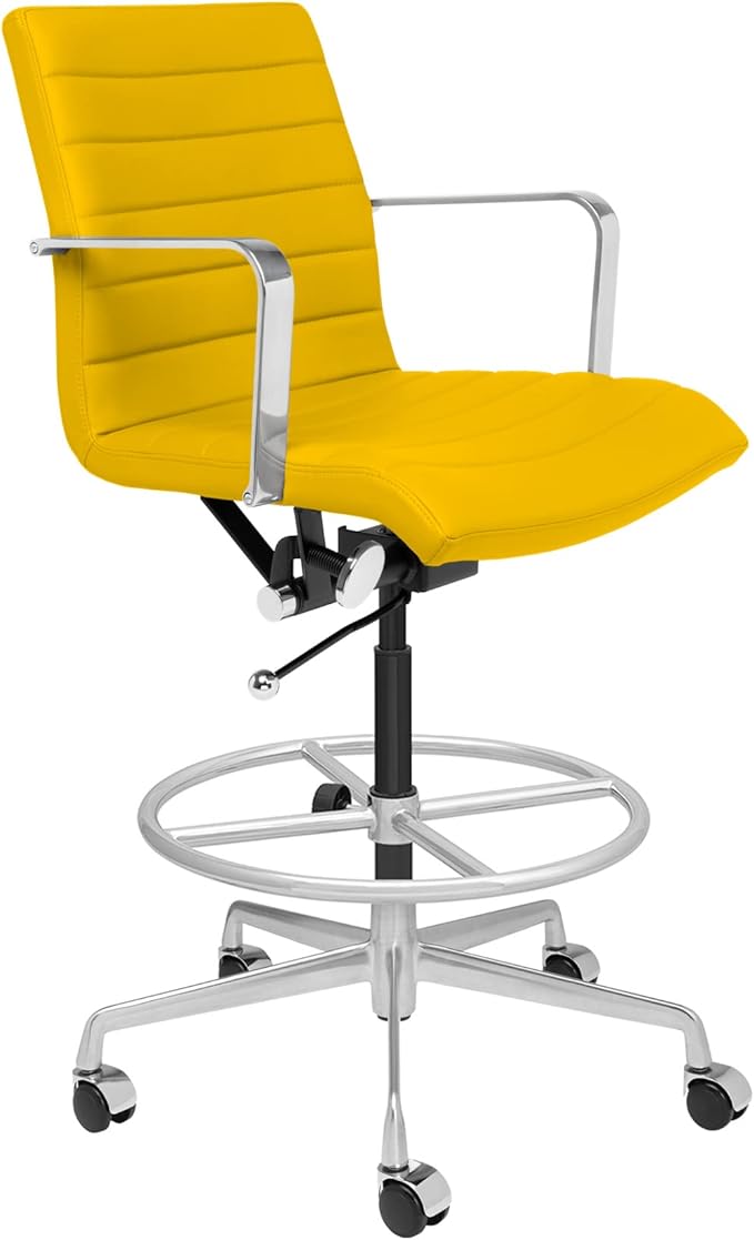 Laura Davidson Furniture SOHO II Ribbed Drafting Chair for Standing Desks, Standing Desk Chair - Ergonomically Designed, Commercial Grade Draft Height, Arm Rest & Cushion, Made of Faux Leather, Yellow