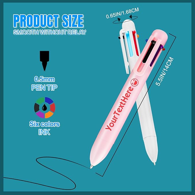 Custom 6-In-1 Multicolor Ballpoint Pen 0.5mm Tip Personalized Pens with Text Logo Name Printed Customized Pens Gift for Businesses School Office Employee Exhibition, 70PCS