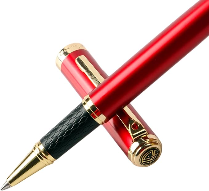 Luxury Red Rollerball Pen-Fancy Pen with Real 24K Gold Trim, Switzerland Tip Point Writing Smooth, Nice Roller Ball Pen Gift Set for Men Women, Professional Pen Business Birthday Christmas