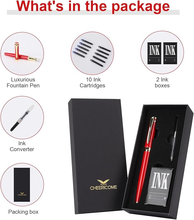 Cheericome Fountain Pen - Luxury Fountain pen set for Men & Women - Ink Pen for Smooth Writing - Fountain Pen Fine Nib，Includes 10 Ink Cartridges and Ink Refill Converter - Red