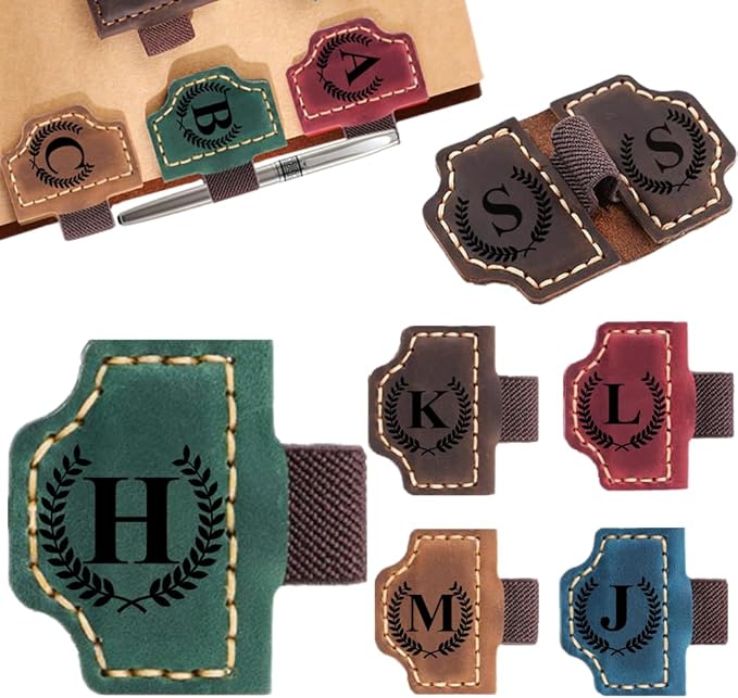 Custom Bookmark with Pen Holder with 26 Letters Personalized Magnetic Leather Book Mark, Customized Name Book Marker Clip with Initial for Men Women, Gifts for Book Lovers, Readers, (Green, H)
