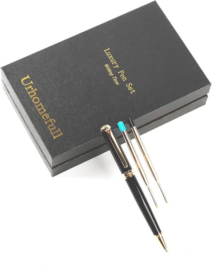 Stunning Ballpoint Pen with 24K Gold Trim, Switzerland Tip Point with Refills, Luxury Ball Point Pen Gift Set for Men Women, Nice Writing Pens for Drawing Chirtmas Black