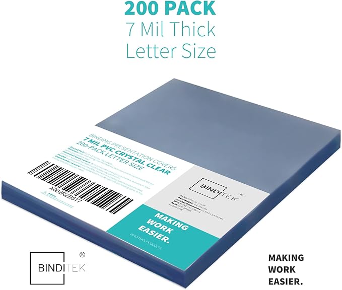 Binditek 200 Pack 7 Mil Clear Presentation Covers for Binding, 8.5 x 11 Inches, Letter Size, Square Corners, Un-Punched, Office Supplies