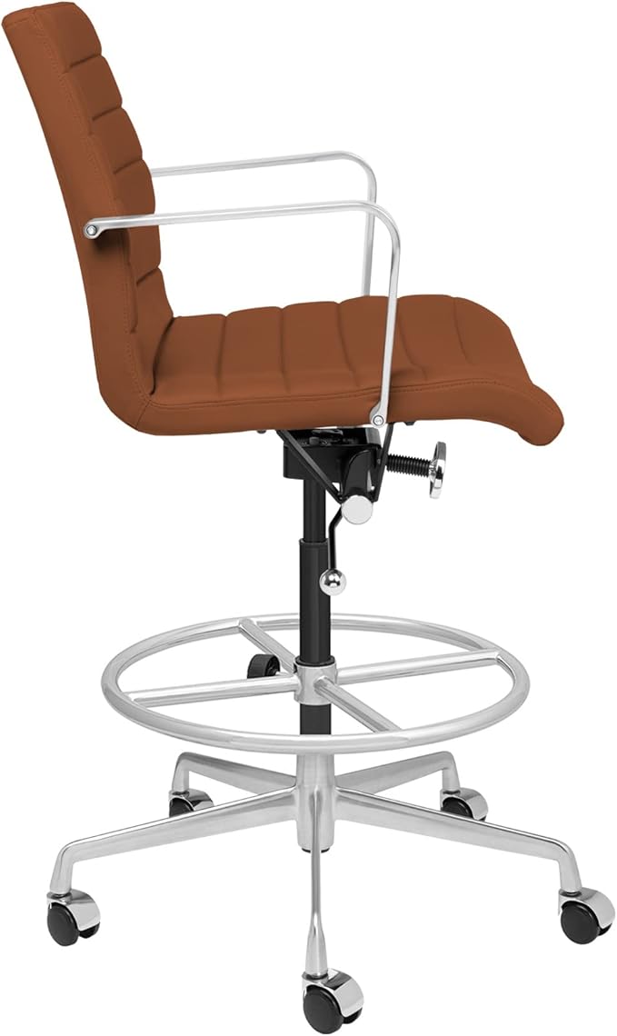 Laura Davidson Furniture SOHO II Ribbed Drafting Chair for Standing Desks, Standing Desk Chair - Ergonomically Designed, Commercial Grade Draft Height, Arm Rest & Cushion, Made of Faux Leather, Brown