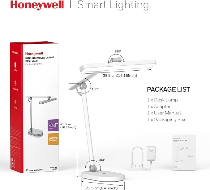 Honeywell Desk Lamp for Home Office, H4 Sunturalux™ Eye-Caring LED Desk Light, 700LM Dimmable Desk Lamp with Timer, Adjustable Desk Reading Light, Touch Auto Dimming Table Lamp for Study, Bedroom