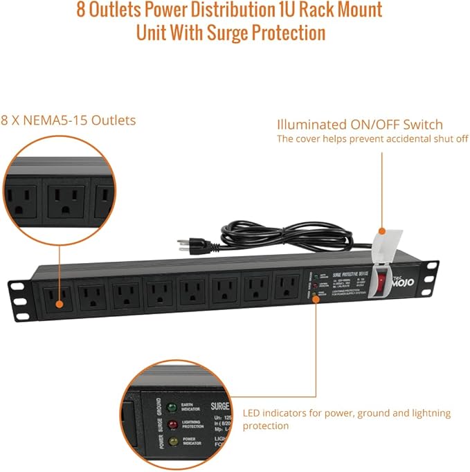 Tecmojo 1U Rack-Mount Horizontal 8-Outlet Power Strip UL Listed PDU with Surge Protection LED Indicators 6ft Cord Power Distribution for IT and Network Server Racks
