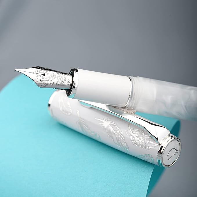 Hongdian N8 White Acrylic Resin Fountain Pen, Iridium Fine Nib Silver Plated Feather Carving Cap Smooth Writing Pen with Converter and Metal Pen Box Set