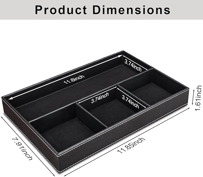 KINGFOM Pu Leather Desk Organizer Tray, 4 Compartment Office Storage Supplies Stationery Drawer Tray, Nightstand Bedside Tray for Key, Wallet, Sunglass, Watch, Coin, Phone Valet Tray Stackable Black