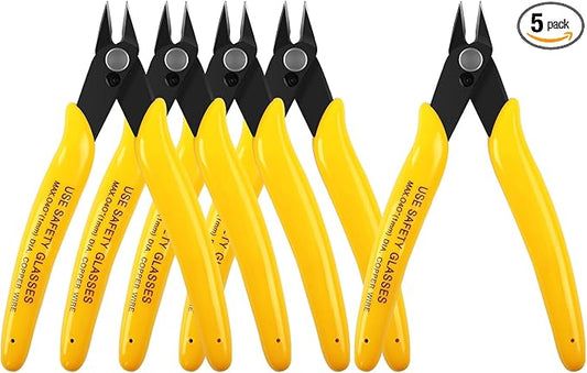 HongWay 5pcs Micro Flush Cutters, Wire Cutter with Internal Spring, Diagonal Cutters for Electronics, Heating Wire, Model Sprue, Soft Copper Wire Snips, 5 Inches, Yellow