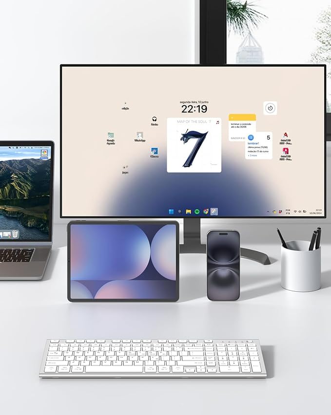 FENIFOX Wireless Keyboard, Bluetooth + USB Ergonomic Silent Quiet Rechargeable with Number Pad Compact Full Size Multi Device Keyboards for iPad Tablet Mac Computer Surface PC MacBook Laptop Silver