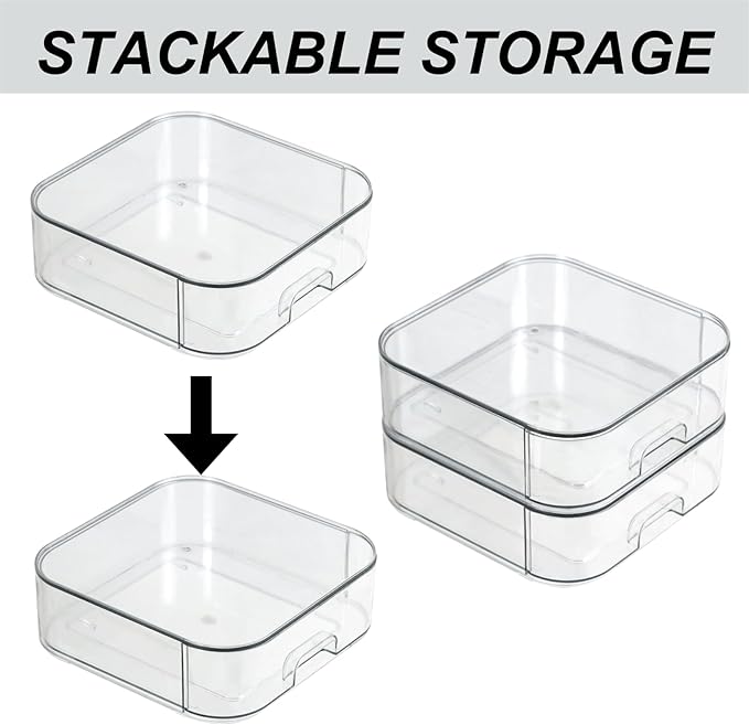 Set of 2 Stackable Storage Drawers - 7.8" Clear Plastic Drawer Storage, Acrylic Makeup Organizer, Desk Counter Cabinet Office Organizer, Bathroom Organizers and Storage (Square/Set of 2)