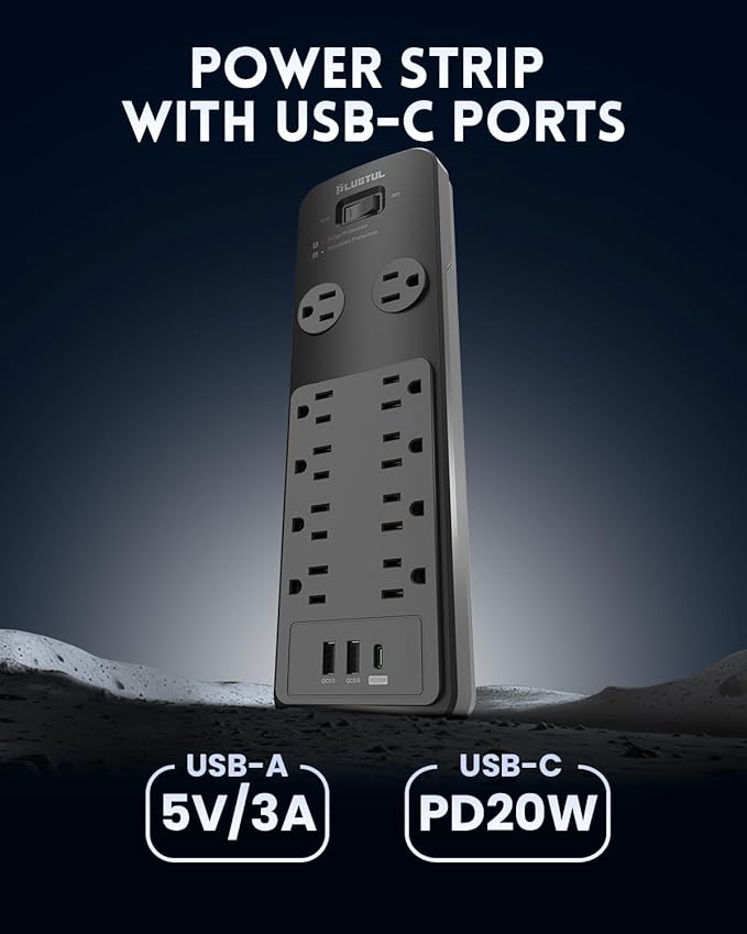 Surge Protector Power Strip 25FT, PLUGTUL Surge Protector with 10 Outlets - Spacious Design for Large Plugs, Flat Plug, 20W USB C Charging for Home, Office, ETL Listed, 2040J