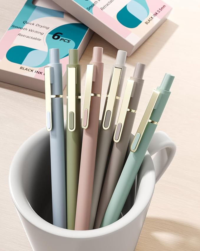 SUNEE Gel Pens, 6 Pack 0.5mm Pens Fine Point Smooth Writing Pens with Quick-Dry Black Ink, Cute Aesthetic School Office Note-Taking Pens for Journaling - Morandi