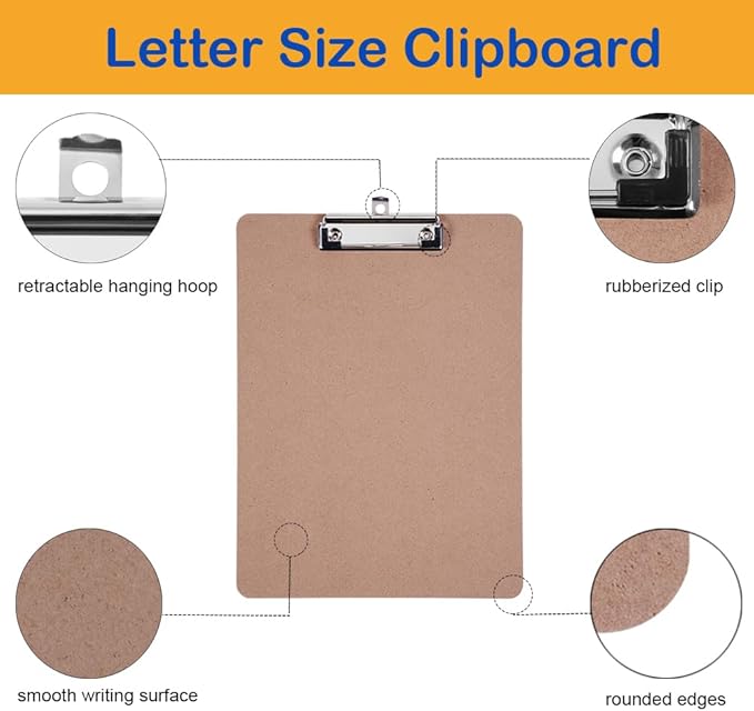 Clipboards Bulk, EZZGOL 36 Pack Letter Size Wood Clipboards, Low Profile Clip, Recycled Hardboard Clipboard with Hang for School Classroom Home