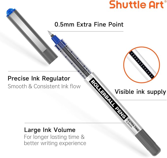 Shuttle Art RollerBall Pens, 50 Pack Blue Fine Point Roller Ball Pens, 0.5mm Liquid Ink Pens for Writing Journaling Taking Notes School Office