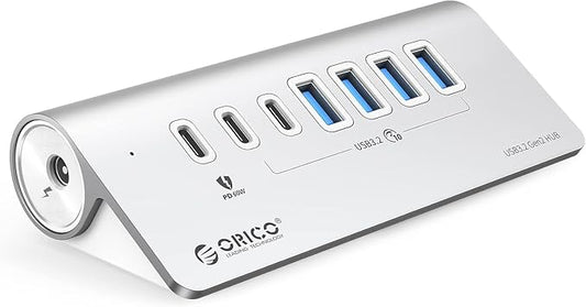 ORICO 7 Port USB Hub 10Gbps, Aluminum USB 3.2 Gen 2 Hub, 6 USB 3.2 Data Ports, 1 PD 60W Ports, 24V 3A Power Adapter, 3.28Ft A to C Cable, USB Data Hub for Laptop