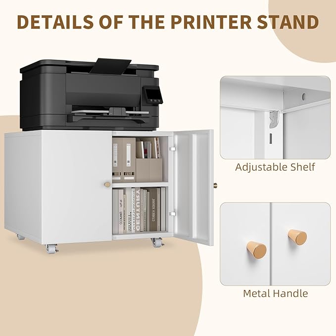 Under Desk Printer Stand with Wheels, Low Printer Stand Storage, Filing Cabinet with Paper Storage Shelf, File Carts with 2 Doors, Mobile Printer Holder for Home Office, School, White