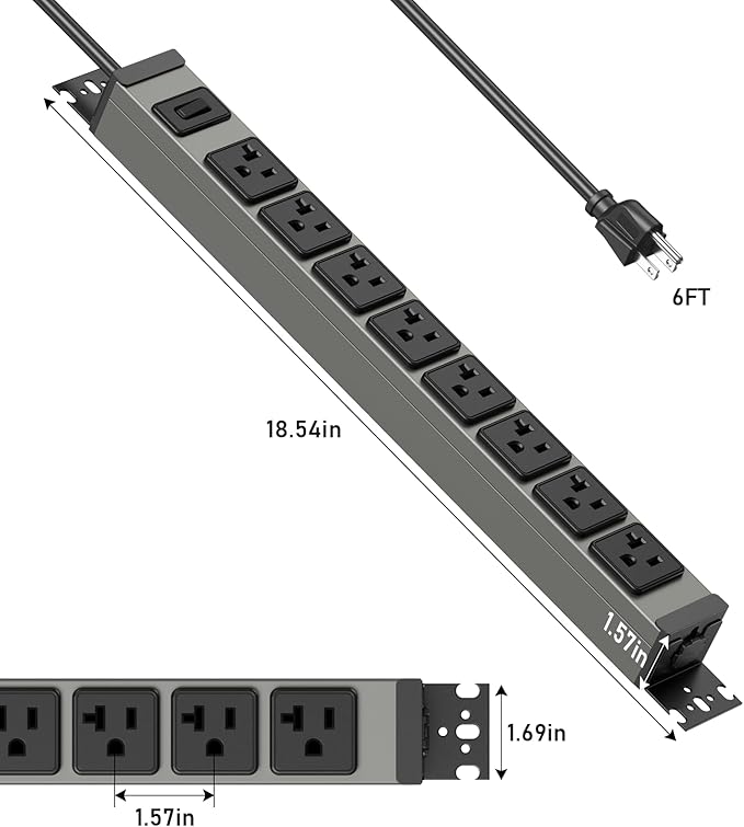 JUNNUJ Heavy Duty Power Strip Wall Mount, 20 Amp Surge Protector 1200J Metal 8 Outlet Under Desk Mounted 20A, Garage Power Bar Table Socket Industrial Outlets 6-20R T-Slot, 6FT 12AWG Extension Cord