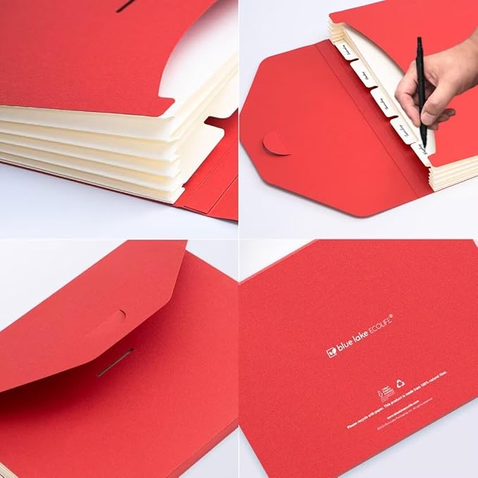 Blue Lake ECOLIFE Expandable Folders Plastic Free Accordion File Folder Organizer 6 Pocket Fiery Red