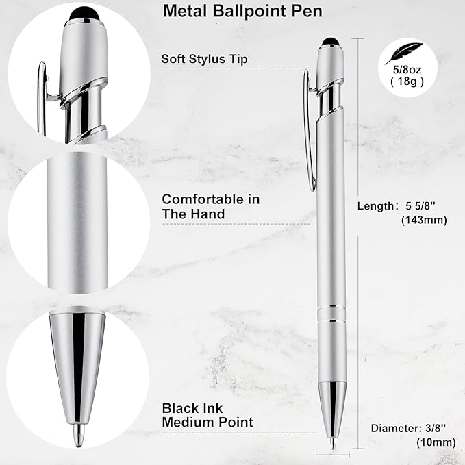 LINFANC 12 Pack Silver Ballpoint Pen with Stylus Tip, 1.0 mm Black Ink Smooth Writing Pens, Metal Stylus Pens for Touch Screens