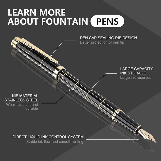 Tiankool Luxury Fountain Pen,Fine Nib, Exquisite Pen Gift Set for Men&Women-Includes 10 Ink Cartridges&Ink Converter- Nice Pens - Black - Gold Plaid