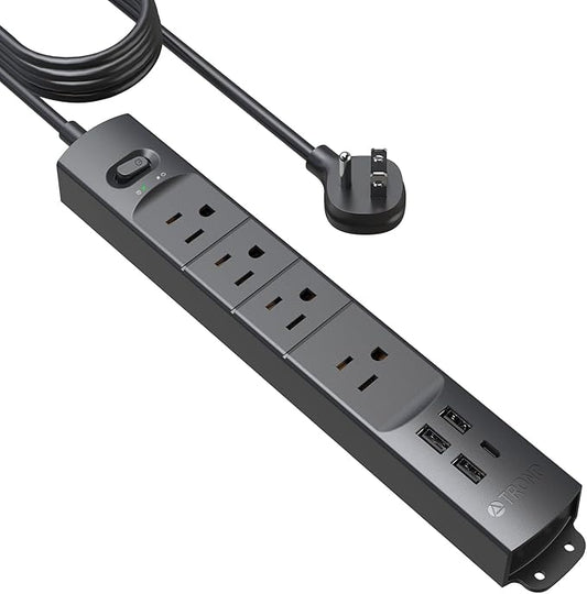 TROND Surge Protector Power Strip with USB, Ultra Thin Flat Plug 15ft Long Extension Cord 1625W, 3 USB A & 1 Type C, 4 AC Outlets 1440J Surge Protection Wall Mount for Home Office Dorm Room, Black