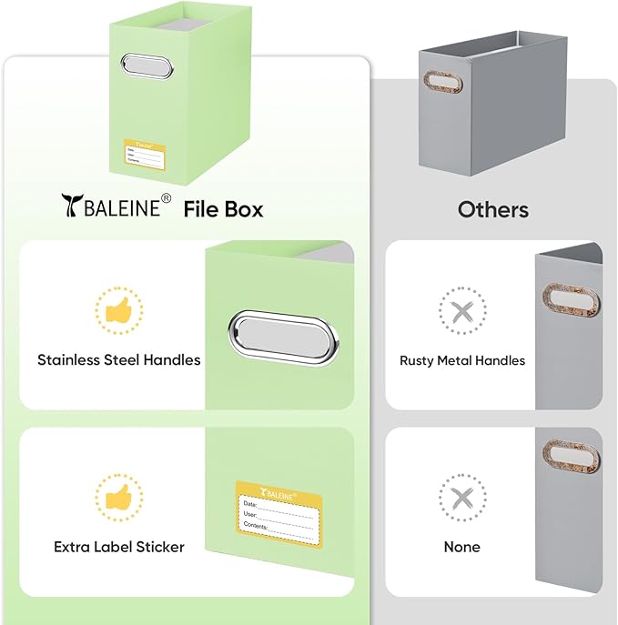 BALEINE File Organizer Box, Cardboard File Folder Organizer with Handle for Letter Size, Portable Collapsible Hanging Filing Box for Home Office Document Storage (4 Pack, Green)