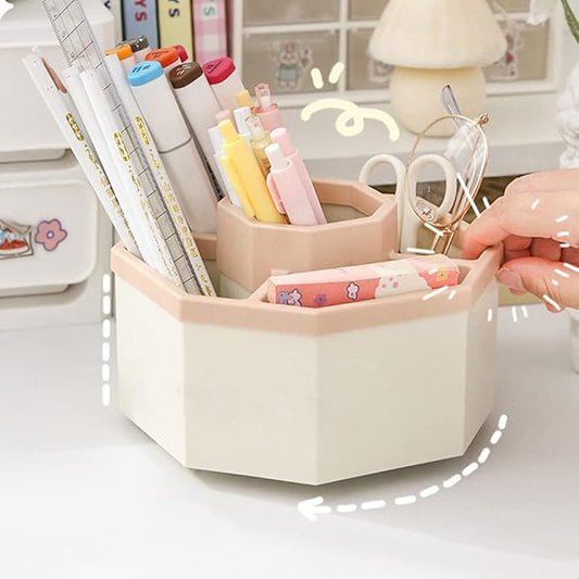 Desk Organizer, 360-Degree Rotating Multi-Functional Pen Holder, 5 Compartments Desktop Stationary Organizer, Home Office Art Supply Storage Box Caddy (White+Pink)