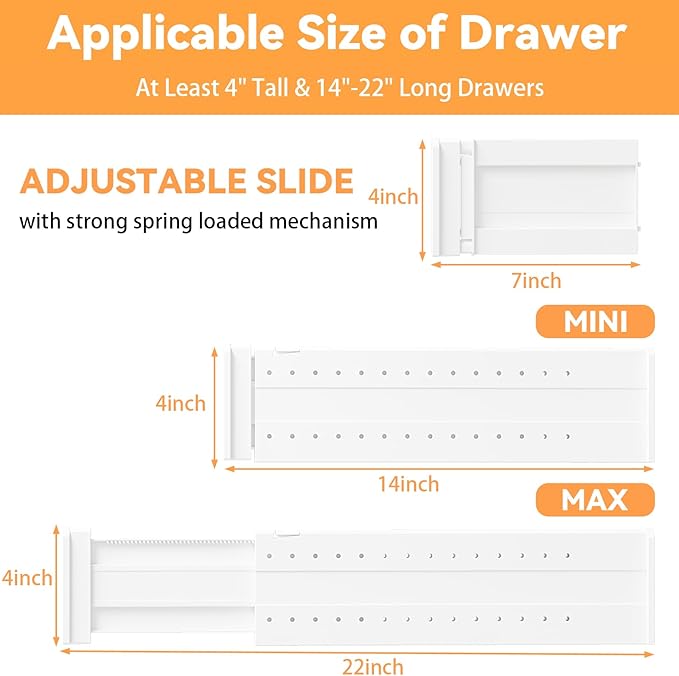 REBECAT 5 Pack Drawer Dividers for Clothes Adjustable Drawer Dividers 4" High Expandable from 15"-21" for Dresser Baby Clothes Bathroom,Bedroom Kitchen and Office Storage，White