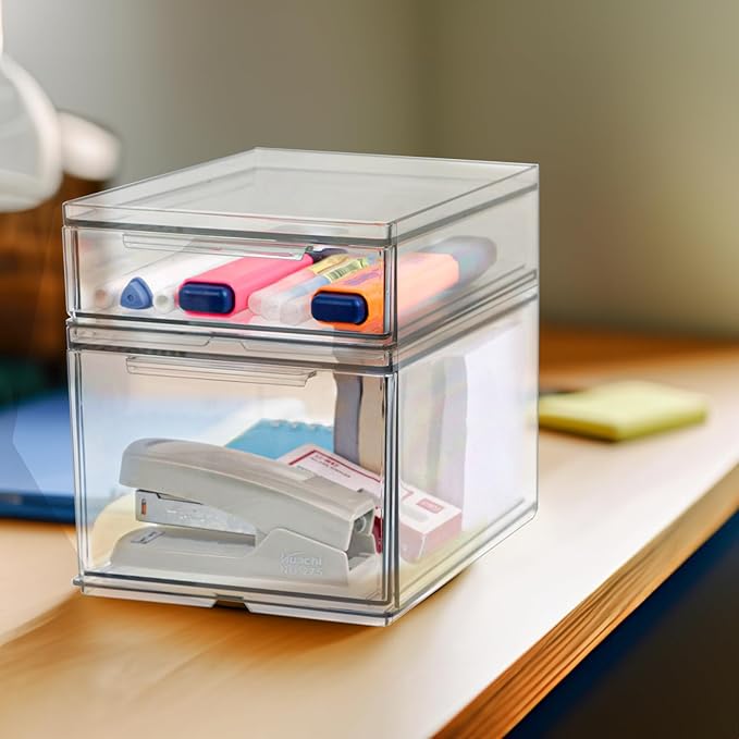 Set of 2 Stackable Storage Drawers - 6.7" Clear Plastic Drawer Storage, Acrylic Makeup Organizer, Desk Counter Cabinet Office Organizer, Bathroom Organizers and Storage (Modern/Set of 2)