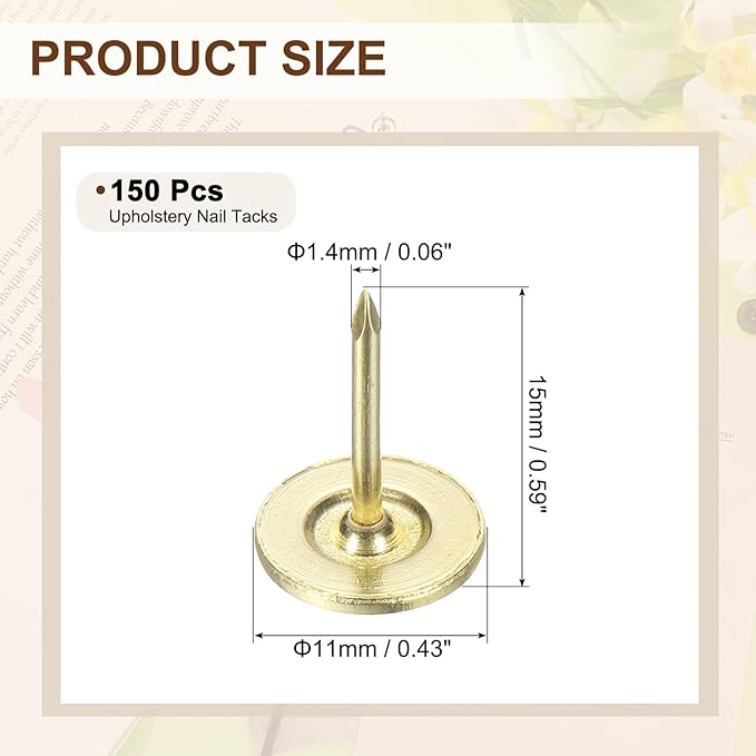 uxcell 150Pcs Upholstery Tacks, 11mmx15mm Flat Head Thumb Tack Decorative Furniture Nails Push Pins for Furniture Sofa Headboards, Gold
