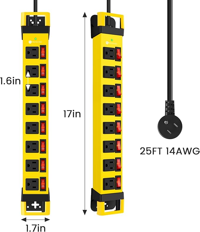 Heavy Duty Power Strip with Individual Switches,8 Outlets 14 Gauge Industrial Shop Garage Metal Multiple Outlets,1200J Surge Protector Mountable Power Strip (Yellow, 25 FT)