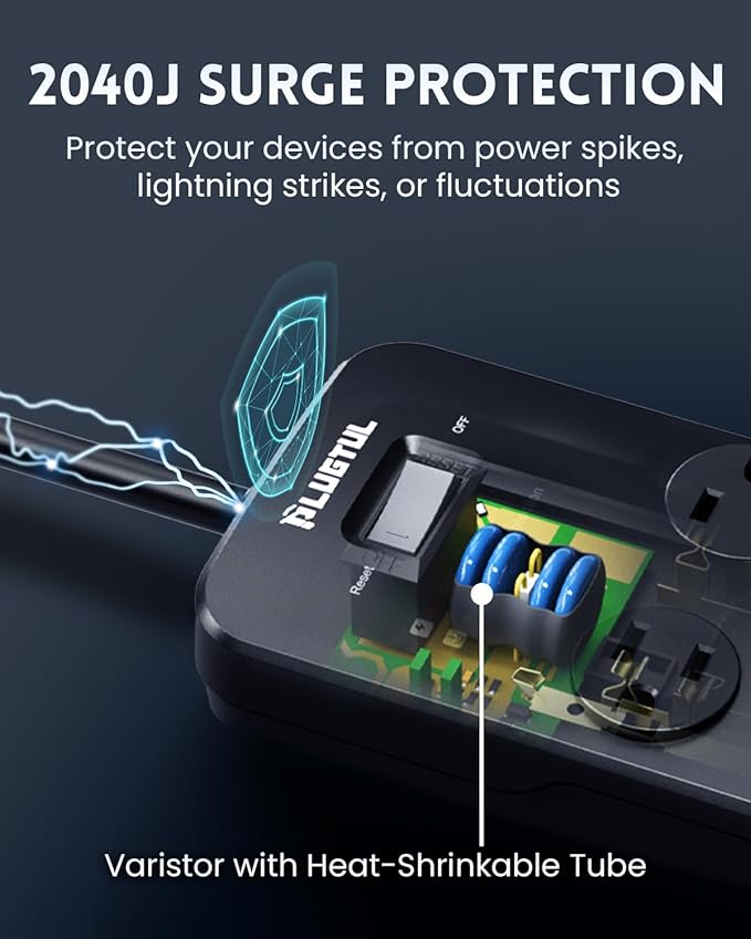 Surge Protector Power Strip 15FT, PLUGTUL Surge Protector with 10 Outlets - Spacious Design for Large Plugs, Flat Plug, 20W USB C Charging for Home, Office, ETL Listed, 2040J