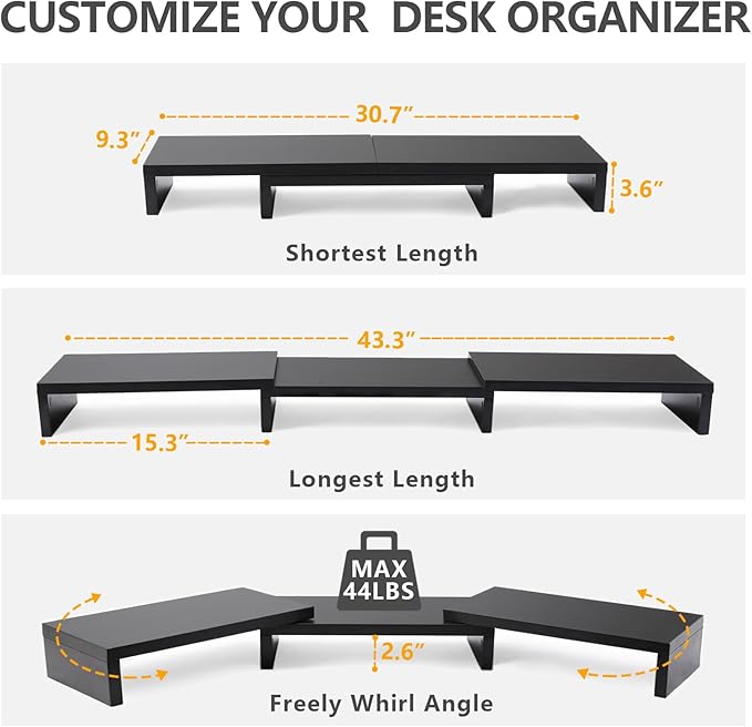TAVR Dual Monitor Stand Riser Office Desktop Organizer Stand for 2 Monitors, Adjustable Length and Angle 3 Shelf, Extra Long Multifunctional Stand up to 43.3" fit Computer, Laptop, TV, Black