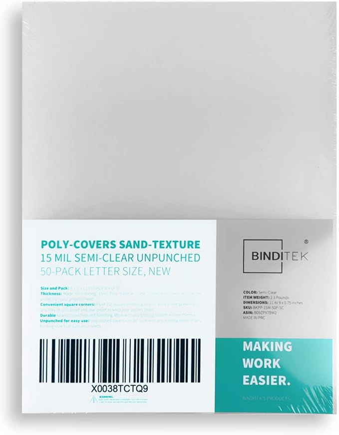 Binditek 50 Pack 15 Mil Frosted Polycovers, Semi-Transparent, 8-1/2 x 11 Inches, Lightly Textured Sand Finish, Square Corners, Unpunched Binding Covers, Office Supplies
