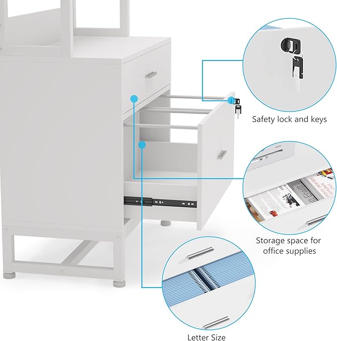 Tribesigns 2 Drawer Vertical File Cabinet with Lock & Bookshelf, Letter Size Large Modern Filing Cabinet Printer Stand with Open Storage Shelves for Home Office, White