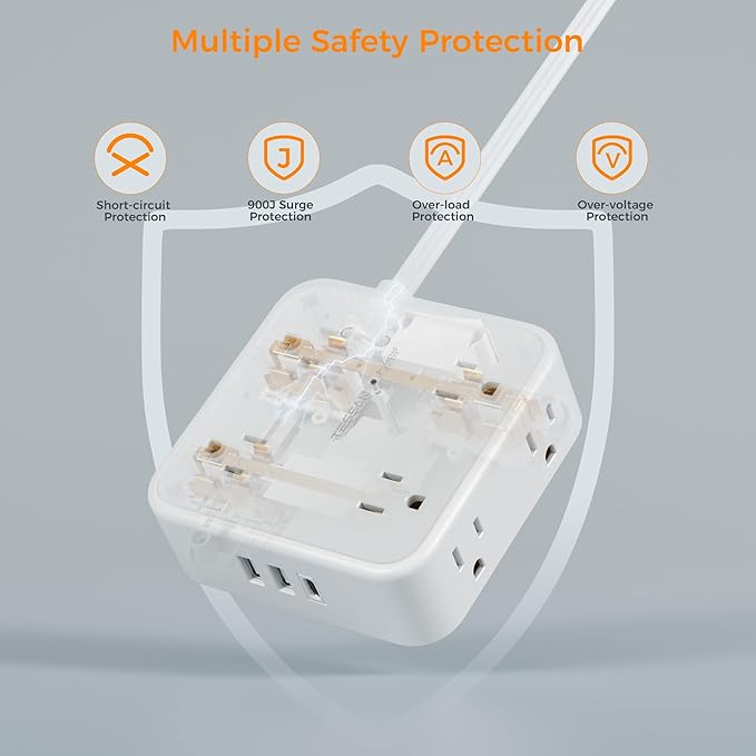 Flat Plug Long Extension Cord 25 Ft, TESSAN Power Strip Surge Protector with 8 Outlets 3 USB Ports (1 USB C), 900J Protection Desktop Charging Station for Home, Office, Dorm Room Essentials